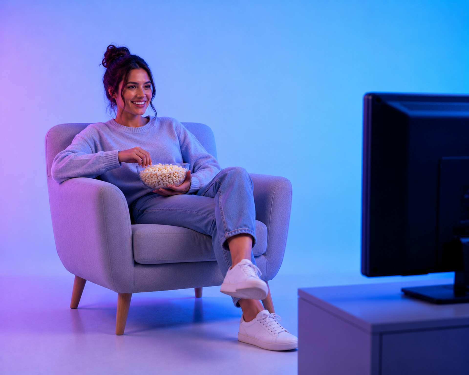Frau schaut entspannt mit einer Schale Popcorn Fernsehen