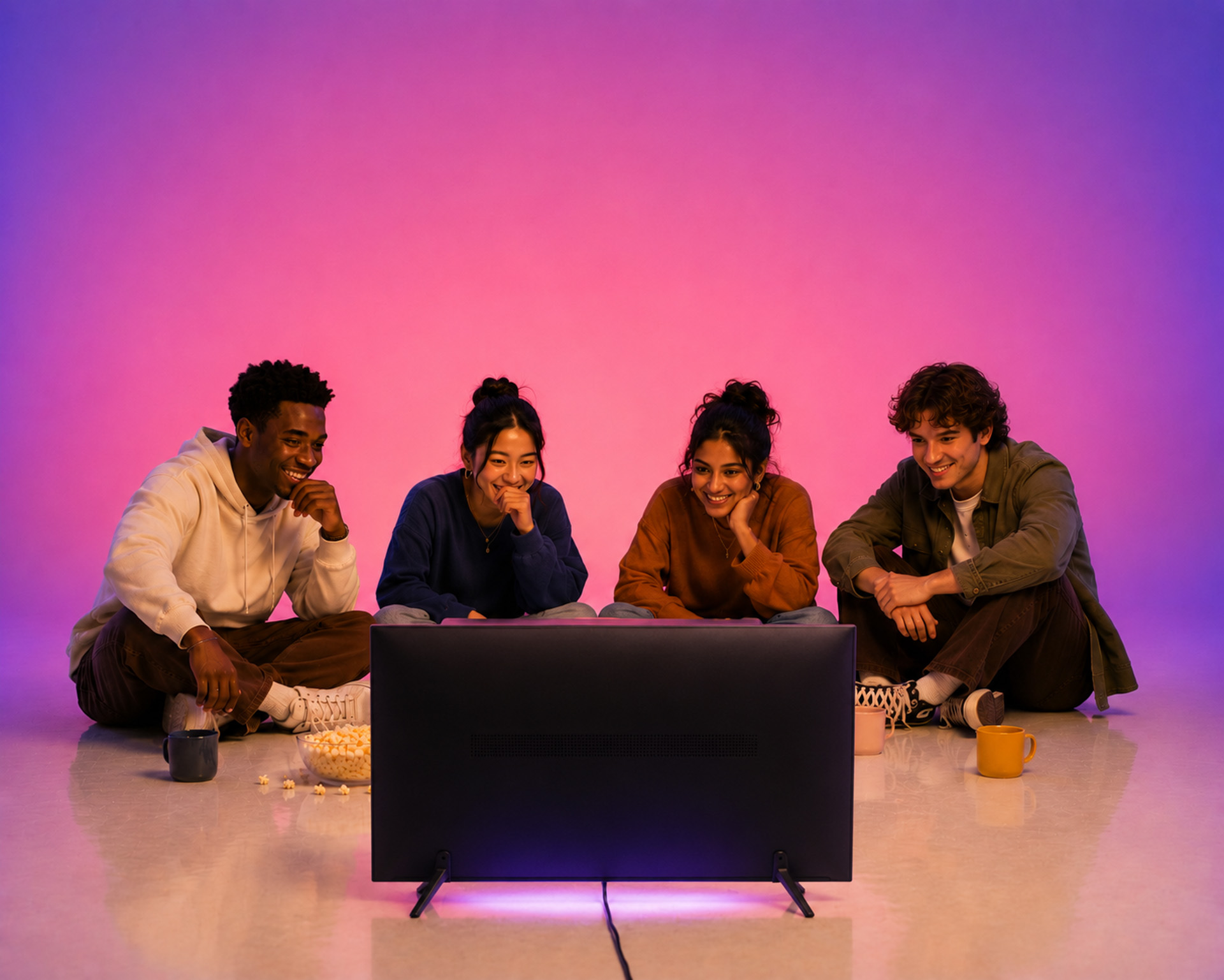 Vier junge Erwachsene schauen gemeinsam Fernsehen