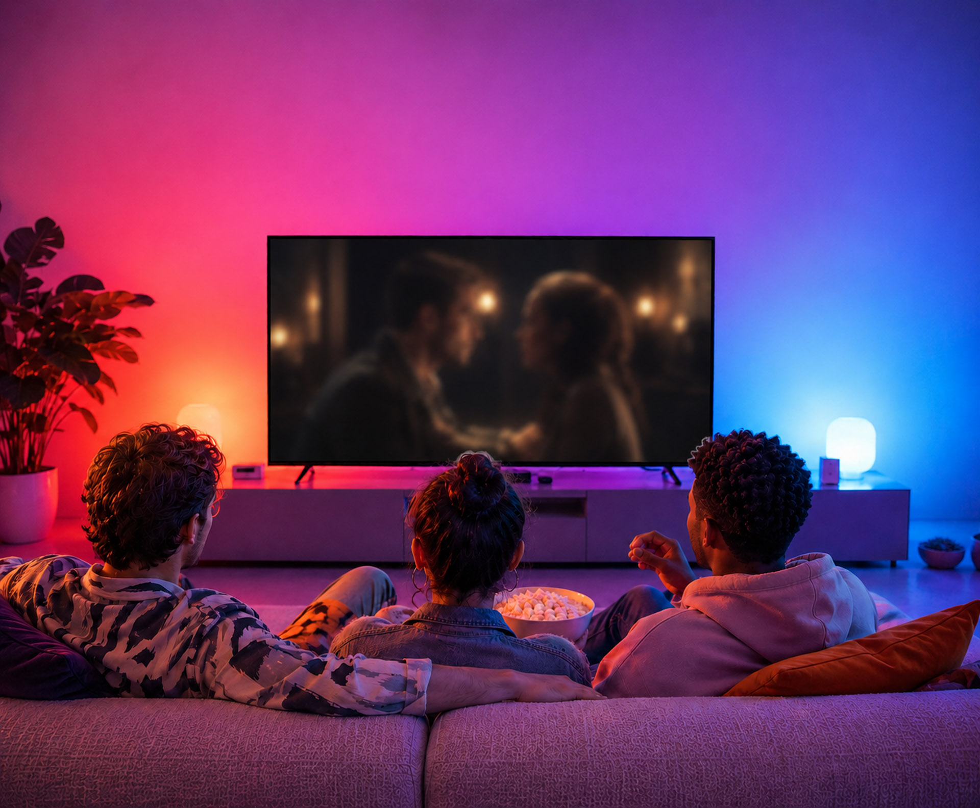 Drei Personen verfolgen aufmerksam einen Film im Fernsehen