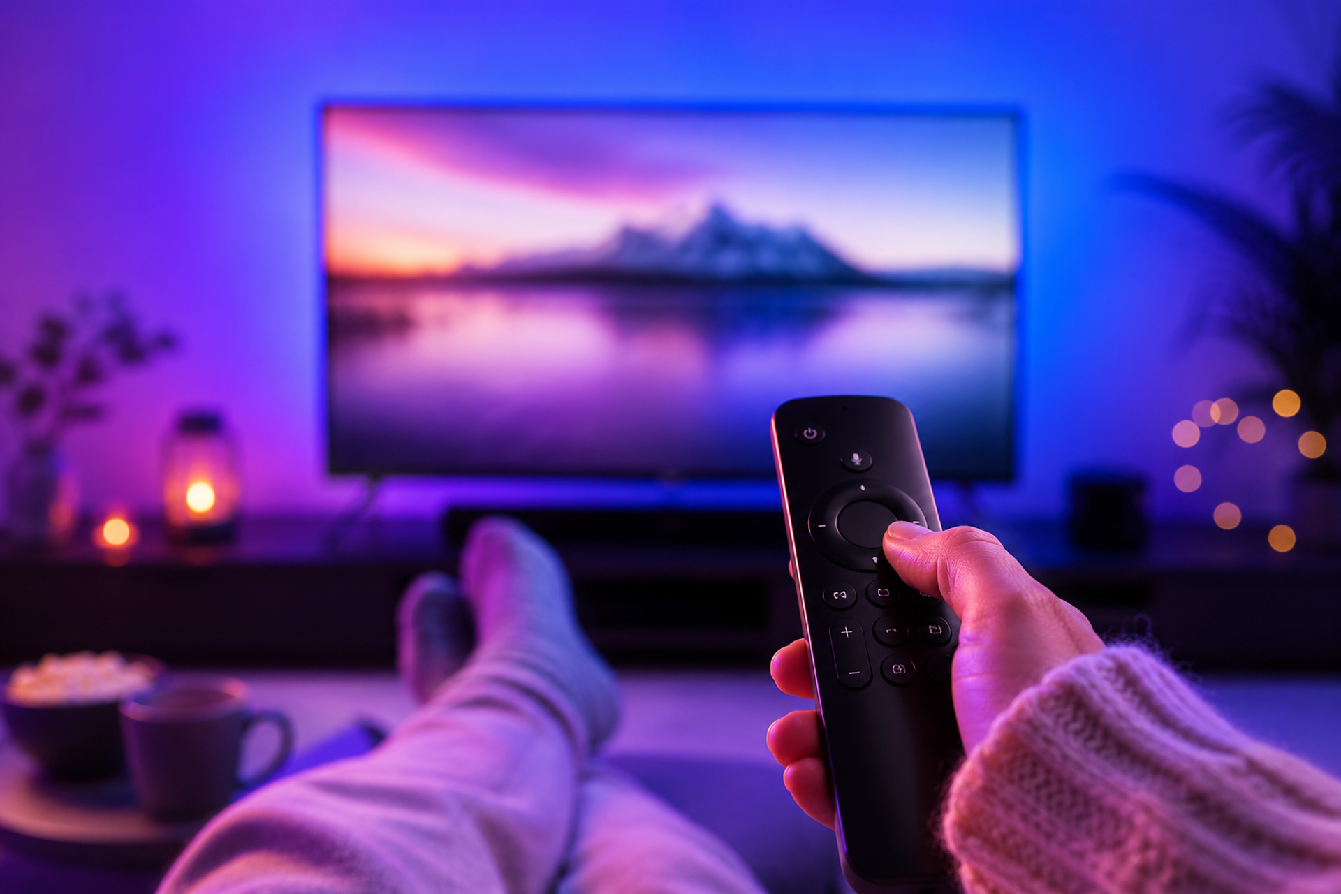 Entspannte TV-Nutzung mit Fernbedienung und eingeschaltetem Fernseher
