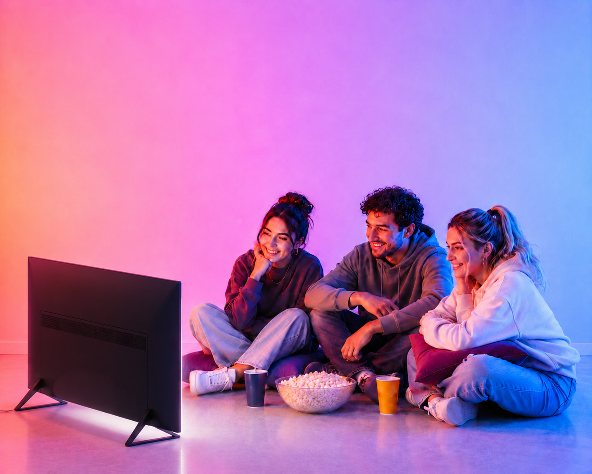 Drei Freunde schauen gemeinsam und aufmerksam Fernsehen