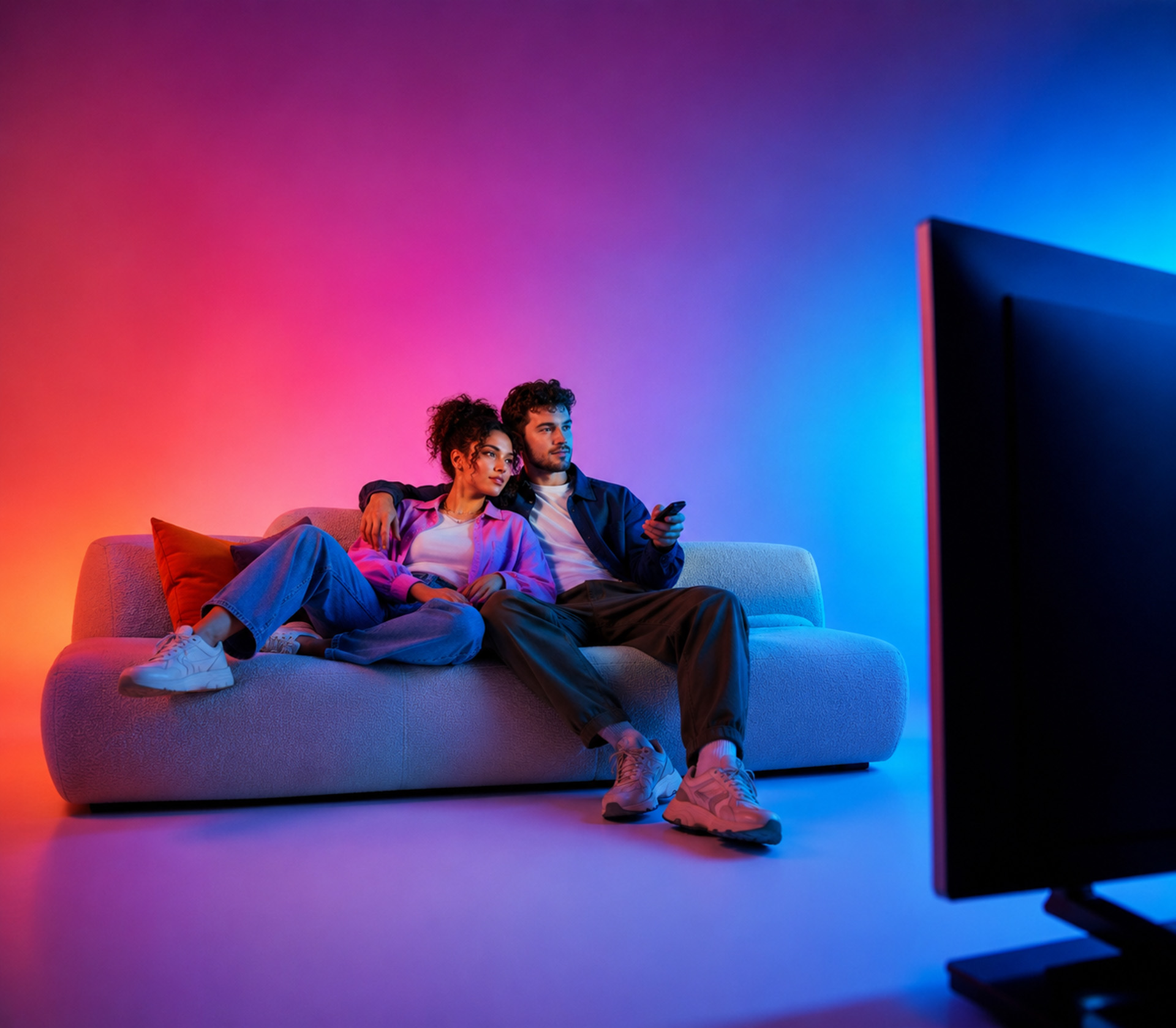 Paar sitzt vor einem grossen Fernseher