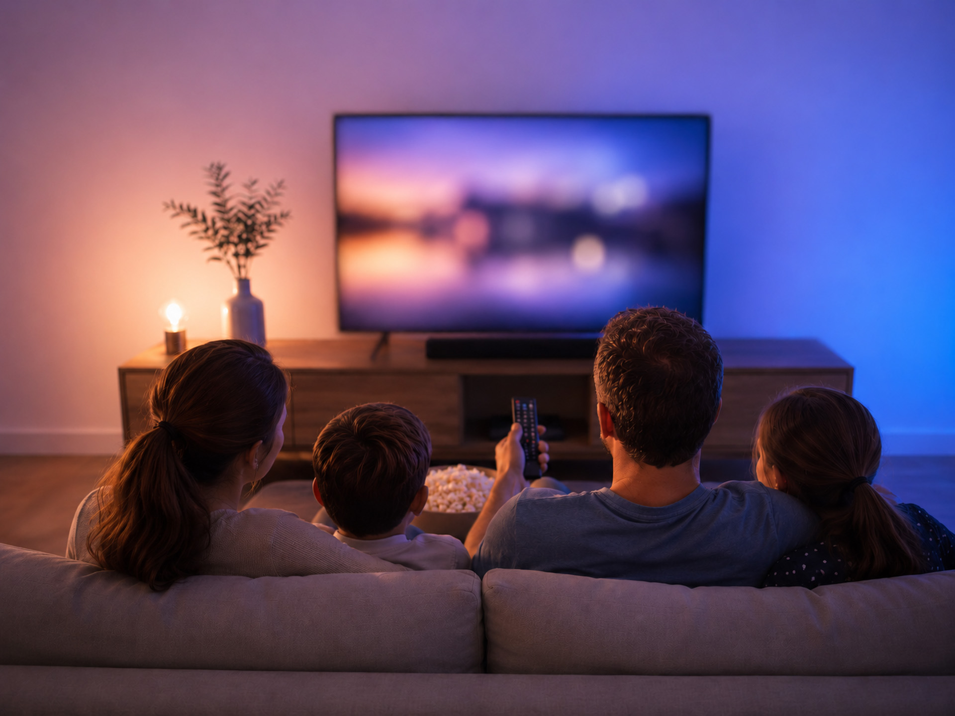 Familie schaut gemeinsam auf einen Fernseher
