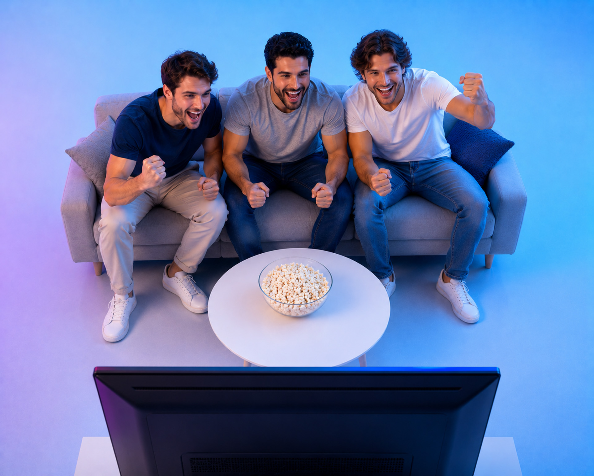 Drei Männer fiebern vor dem Fernseher mit